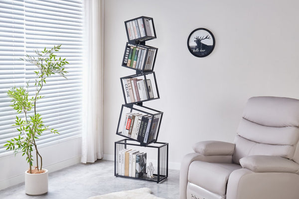 English Elm 5-tier Matte Black Metal Geometric Bookcase Open Frame Sculptural Organizer for Modern Spaces W2516P399491