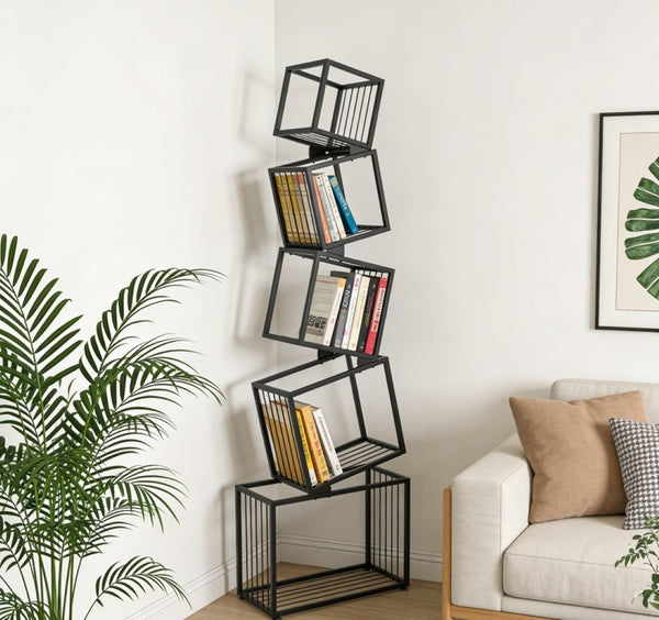 English Elm 5-tier Matte Black Metal Geometric Bookcase Open Frame Sculptural Organizer for Modern Spaces W2516P399491