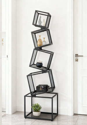 English Elm 5-tier Matte Black Metal Geometric Bookcase Open Frame Sculptural Organizer for Modern Spaces W2516P399491