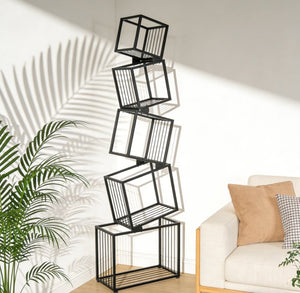 English Elm 5-tier Matte Black Metal Geometric Bookcase Open Frame Sculptural Organizer for Modern Spaces W2516P399491