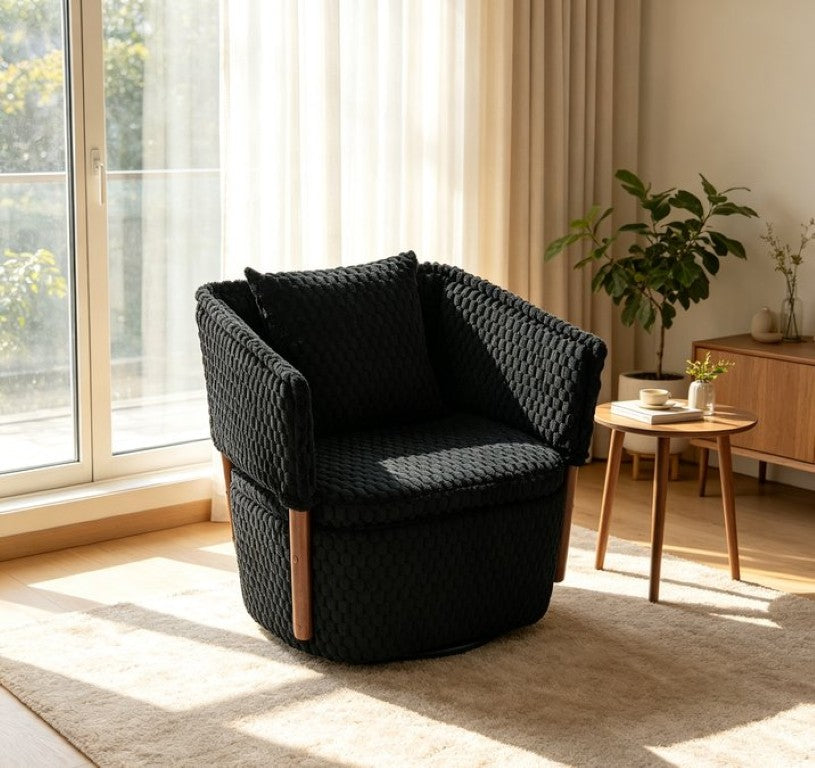 English Elm Mid Century Modern Swivel Accent Chair Solid Wood Legs Hidden Storage and Lumbar Cushion Black W2530P508184