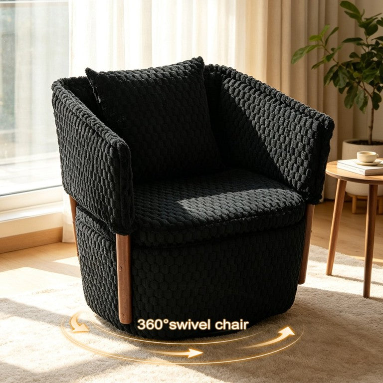 English Elm Mid Century Modern Swivel Accent Chair Solid Wood Legs Hidden Storage and Lumbar Cushion Black W2530P508184