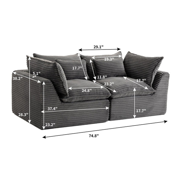 English Elm 74.8" Modular Cloud Sectional Sofa Deep Cotton Linen Upholstery Slow Release Foam Lounger Antique Grey W2530P508590