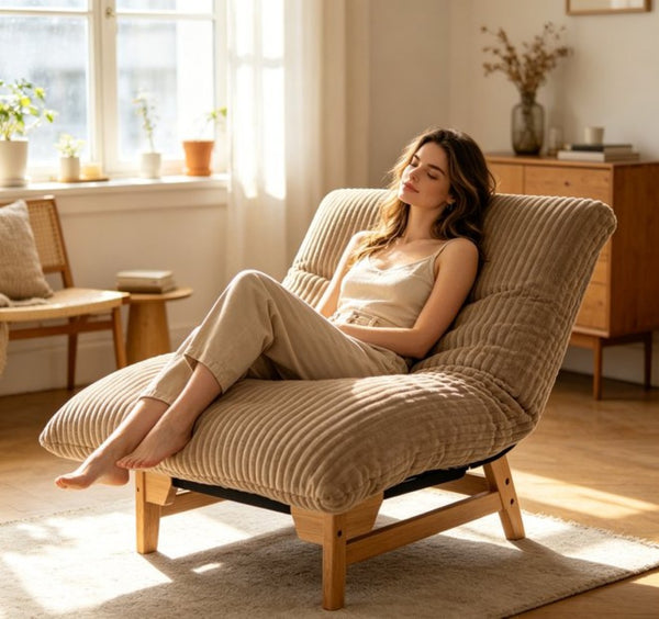 English Elm Bean Bag Lounge Chair Corduroy Upholstered Ergonomic Seat with Wraparound Backrest Support Khaki W2530P516235