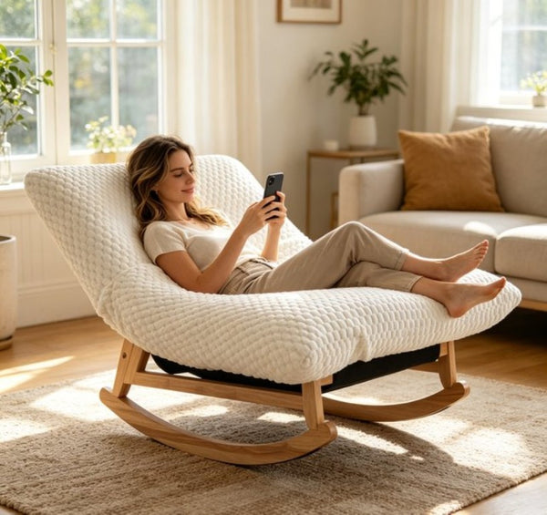 English Elm Bean Bag Rocking Accent Chair Corduroy Upholstery Solid Wood Frame Cozy Living Room Antique White W2530P521400