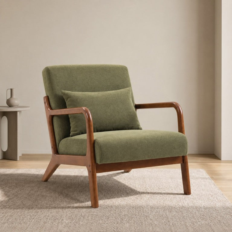 English Elm Mid Century Modern Accent Chair Solid Wood Tapered Legs Pastel Upholstery with Lumbar Cushion W2530P568053