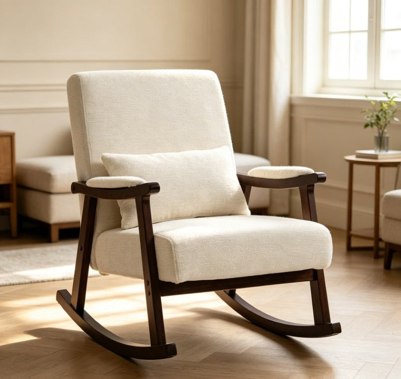 English Elm Mid Century Modern Rocking Armchair with Solid Wood Frame and Upholstered Seat Cushion Antique White W2530P568935