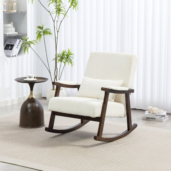 English Elm Mid Century Modern Rocking Armchair with Solid Wood Frame and Upholstered Seat Cushion Antique White W2530P568935