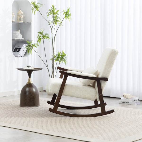 English Elm Mid Century Modern Rocking Armchair with Solid Wood Frame and Upholstered Seat Cushion Antique White W2530P568935