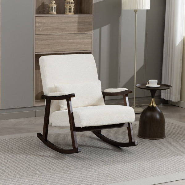 English Elm Mid Century Modern Rocking Armchair with Solid Wood Frame and Upholstered Seat Cushion Antique White W2530P568935
