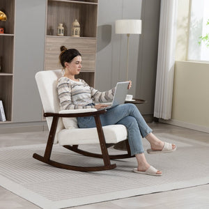 English Elm Mid Century Modern Rocking Armchair with Solid Wood Frame and Upholstered Seat Cushion Antique White W2530P568935