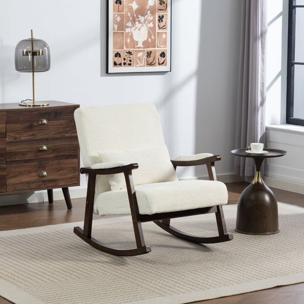 English Elm Mid Century Modern Rocking Armchair with Solid Wood Frame and Upholstered Seat Cushion Antique White W2530P568935