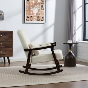 English Elm Mid Century Modern Rocking Armchair with Solid Wood Frame and Upholstered Seat Cushion Antique White W2530P568935