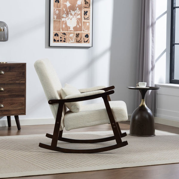 English Elm Mid Century Modern Rocking Armchair with Solid Wood Frame and Upholstered Seat Cushion Antique White W2530P568935