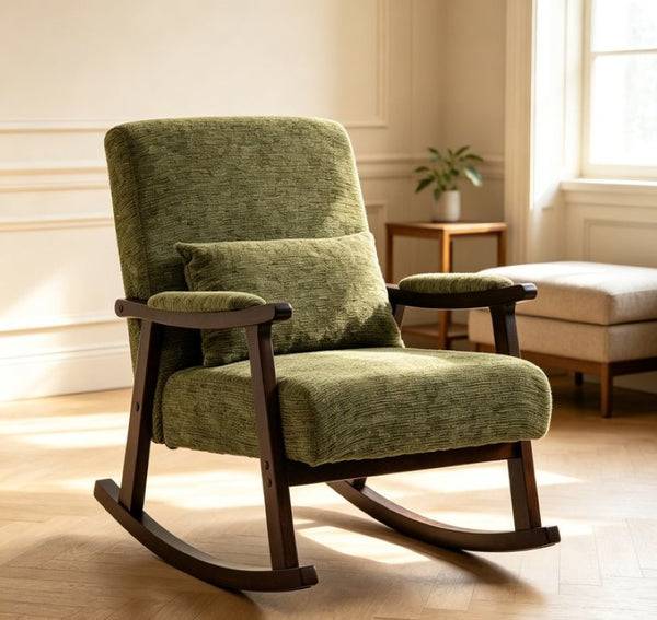 English Elm Mid Century Modern Rocking Armchair with Solid Wood Frame and Upholstered Seat Cushion Antique Green W2530P568938