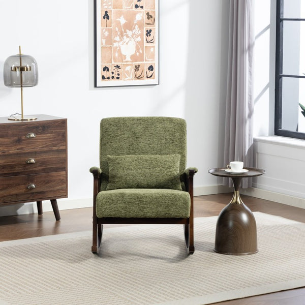 English Elm Mid Century Modern Rocking Armchair with Solid Wood Frame and Upholstered Seat Cushion Antique Green W2530P568938