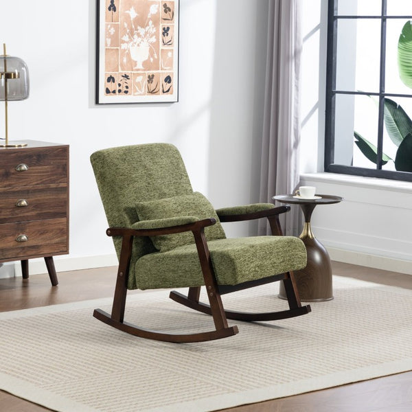 English Elm Mid Century Modern Rocking Armchair with Solid Wood Frame and Upholstered Seat Cushion Antique Green W2530P568938