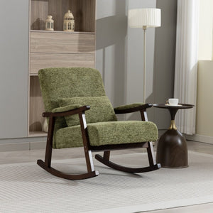 English Elm Mid Century Modern Rocking Armchair with Solid Wood Frame and Upholstered Seat Cushion Antique Green W2530P568938