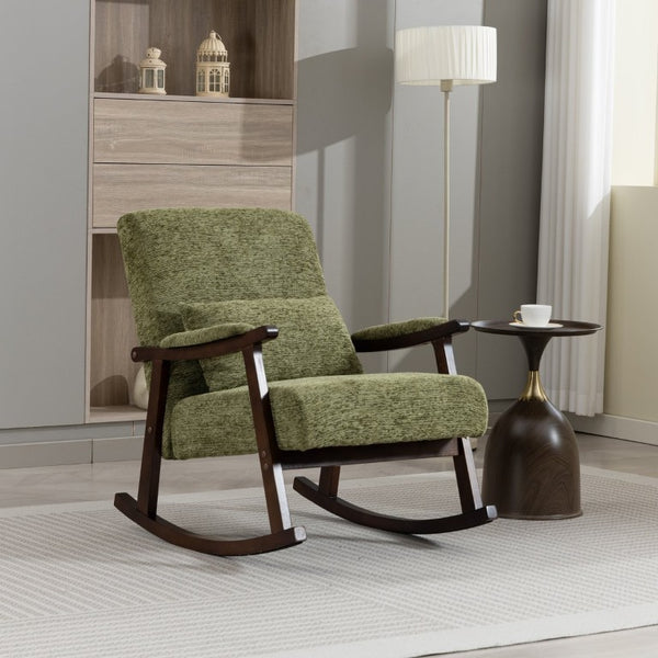 English Elm Mid Century Modern Rocking Armchair with Solid Wood Frame and Upholstered Seat Cushion Antique Green W2530P568938