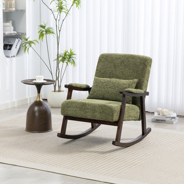 English Elm Mid Century Modern Rocking Armchair with Solid Wood Frame and Upholstered Seat Cushion Antique Green W2530P568938