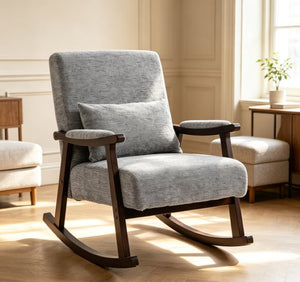 English Elm Mid Century Modern Rocking Armchair with Solid Wood Frame and Upholstered Seat Cushion Grayish W2530P568939
