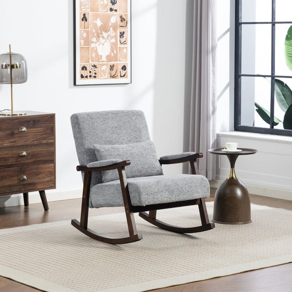 English Elm Mid Century Modern Rocking Armchair with Solid Wood Frame and Upholstered Seat Cushion Grayish W2530P568939