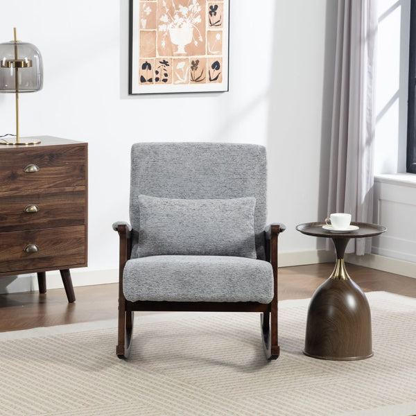 English Elm Mid Century Modern Rocking Armchair with Solid Wood Frame and Upholstered Seat Cushion Grayish W2530P568939