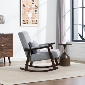 English Elm Mid Century Modern Rocking Armchair with Solid Wood Frame and Upholstered Seat Cushion Grayish W2530P568939