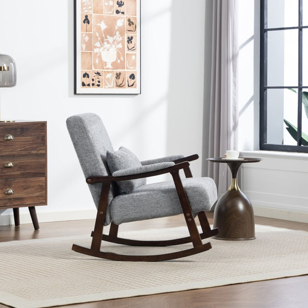 English Elm Mid Century Modern Rocking Armchair with Solid Wood Frame and Upholstered Seat Cushion Grayish W2530P568939