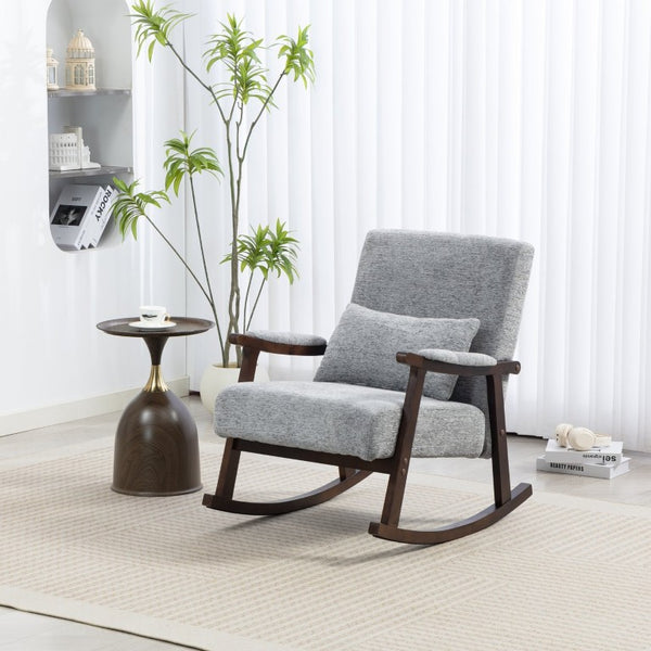 English Elm Mid Century Modern Rocking Armchair with Solid Wood Frame and Upholstered Seat Cushion Grayish W2530P568939