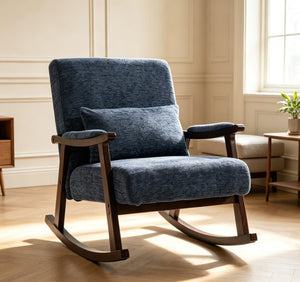 English Elm Mid Century Modern Rocking Armchair with Solid Wood Frame and Upholstered Seat Cushion Antique Blue W2530P568941