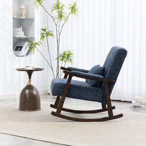 English Elm Mid Century Modern Rocking Armchair with Solid Wood Frame and Upholstered Seat Cushion Antique Blue W2530P568941