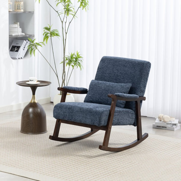 English Elm Mid Century Modern Rocking Armchair with Solid Wood Frame and Upholstered Seat Cushion Antique Blue W2530P568941
