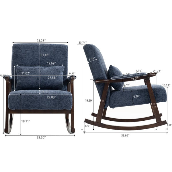 English Elm Mid Century Modern Rocking Armchair with Solid Wood Frame and Upholstered Seat Cushion Antique Blue W2530P568941
