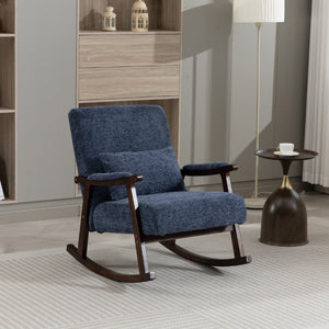 English Elm Mid Century Modern Rocking Armchair with Solid Wood Frame and Upholstered Seat Cushion Antique Blue W2530P568941