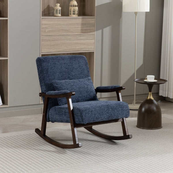 English Elm Mid Century Modern Rocking Armchair with Solid Wood Frame and Upholstered Seat Cushion Antique Blue W2530P568941