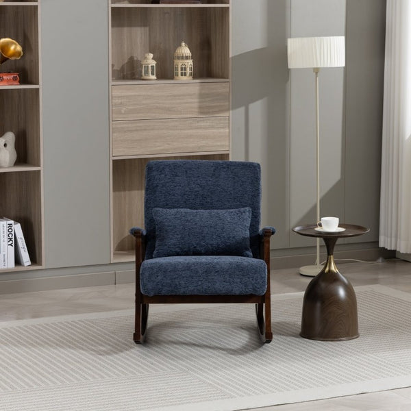 English Elm Mid Century Modern Rocking Armchair with Solid Wood Frame and Upholstered Seat Cushion Antique Blue W2530P568941