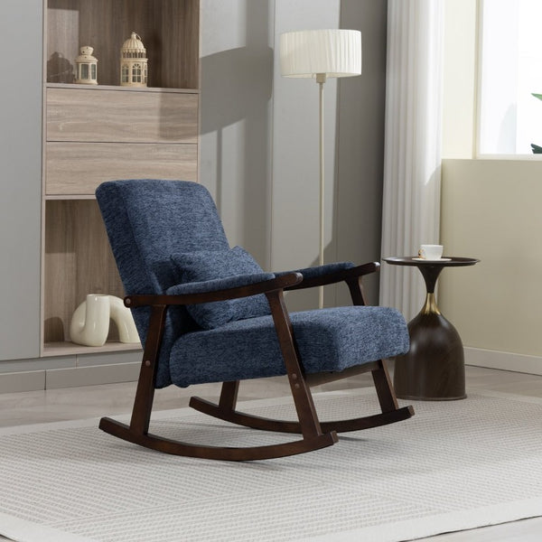 English Elm Mid Century Modern Rocking Armchair with Solid Wood Frame and Upholstered Seat Cushion Antique Blue W2530P568941