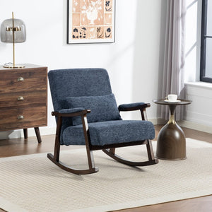 English Elm Mid Century Modern Rocking Armchair with Solid Wood Frame and Upholstered Seat Cushion Antique Blue W2530P568941