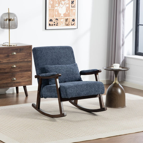 English Elm Mid Century Modern Rocking Armchair with Solid Wood Frame and Upholstered Seat Cushion Antique Blue W2530P568941