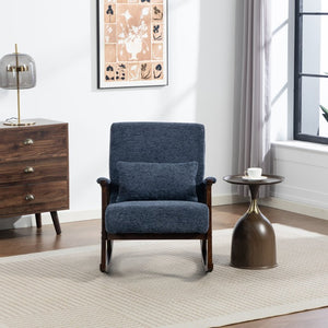 English Elm Mid Century Modern Rocking Armchair with Solid Wood Frame and Upholstered Seat Cushion Antique Blue W2530P568941
