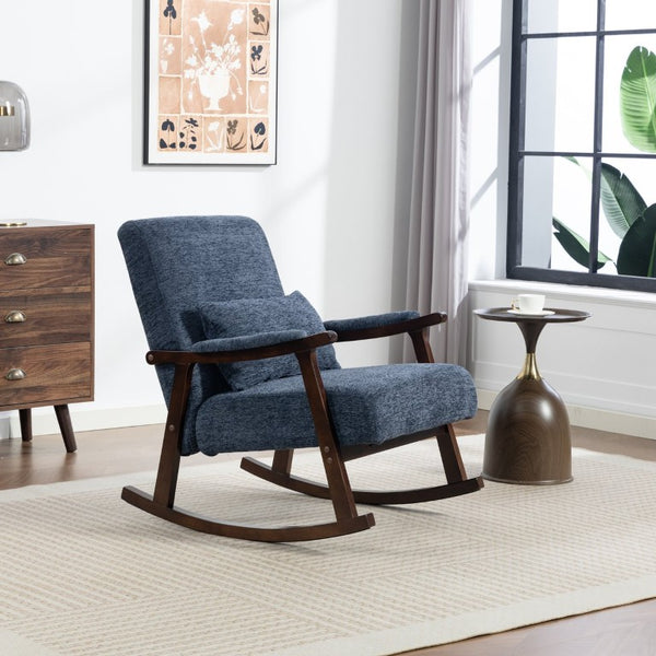 English Elm Mid Century Modern Rocking Armchair with Solid Wood Frame and Upholstered Seat Cushion Antique Blue W2530P568941