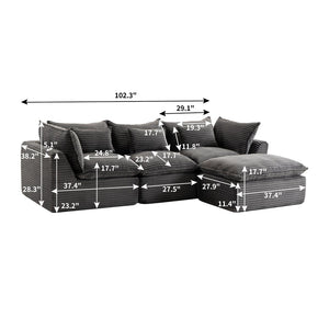English Elm 102.3" Oversized Modular Sectional with Ottoman Cotton Linen Cloud Foam Living Room Sofa Antique Grey W2530S00023