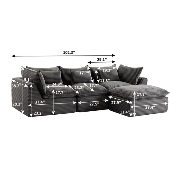 English Elm 102.3" Oversized Modular Sectional with Ottoman Cotton Linen Cloud Foam Living Room Sofa Antique Grey W2530S00023