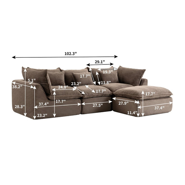 English Elm 102.3" Oversized Modular Sectional with Ottoman Cotton Linen Cloud Foam Living Room Sofa Khaki W2530S00024