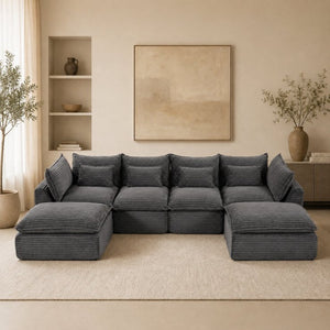 English Elm 129.8 Inch Oversized Modular Cloud Sectional Sofa with Deep Seats and Two Ottomans W2530S00025