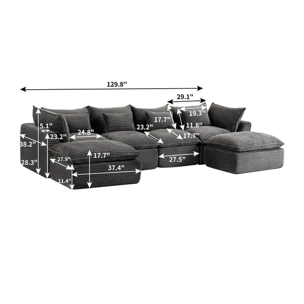 English Elm 129.8 Inch Oversized Modular Cloud Sectional Sofa with Deep Seats and Two Ottomans W2530S00025