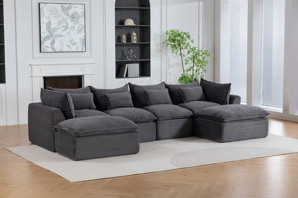 English Elm 129.8 Inch Oversized Modular Cloud Sectional Sofa with Deep Seats and Two Ottomans W2530S00025