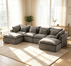 English Elm 102.3 Inch Modular Cloud Sectional with Ottoman Waffle Weave Fabric Deep Seat Sofa Antique Grey 129.8 inches W2530S00029
