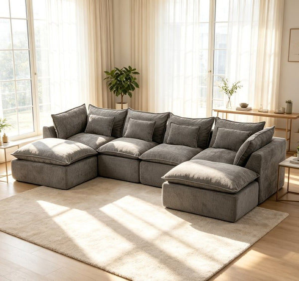 English Elm 102.3 Inch Modular Cloud Sectional with Ottoman Waffle Weave Fabric Deep Seat Sofa Antique Grey 129.8 inches W2530S00029